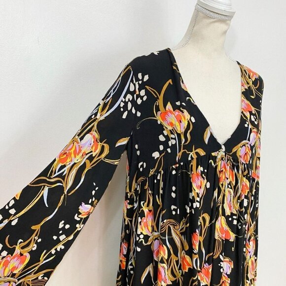 FREE PEOPLE BELLA BLACK FLORAL V-NECK LONG SLEEVE TUNIC TOP - S - Picture 5 of 10